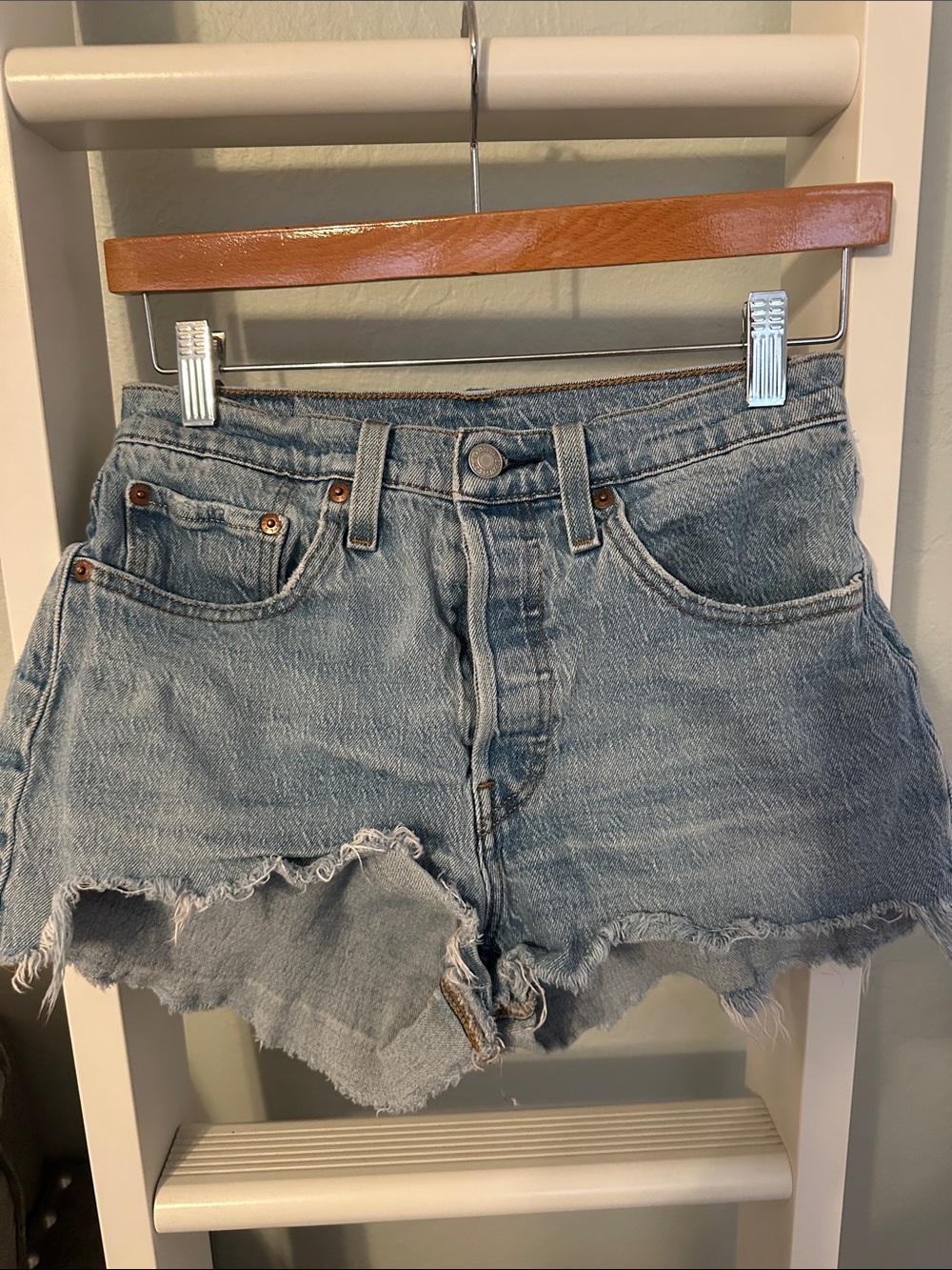 Levi's Light Blue Distressed High-Rise Denim Shorts